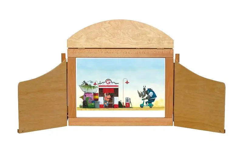 Lichtbruine houten driepaneel puppet theater met gasstation illustratie garage gust kamishibai vertelplaten