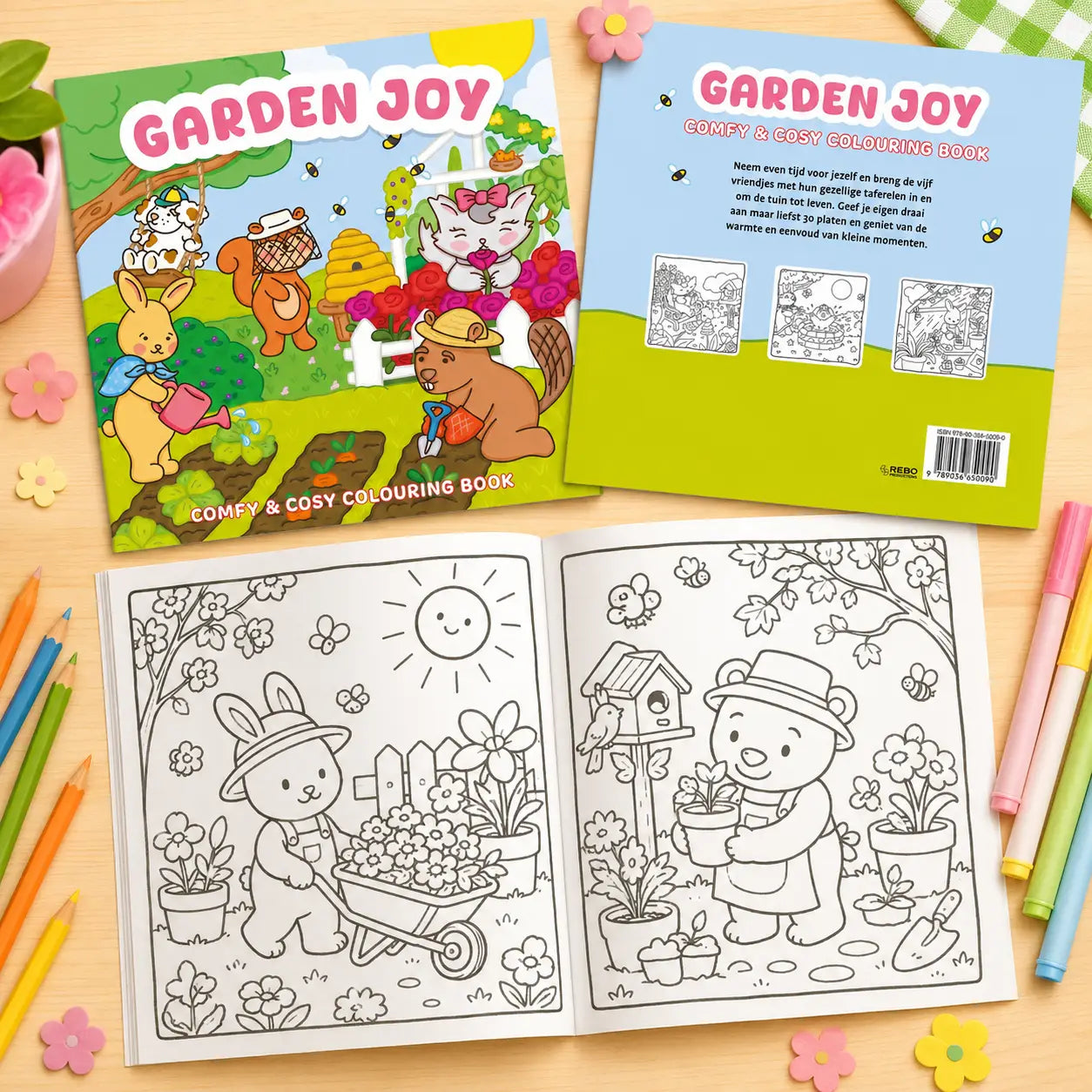 Garden joy kleurboek met kawaii illustraties en een zachte, kleurrijke cover voor een cozy colouring book ervaring