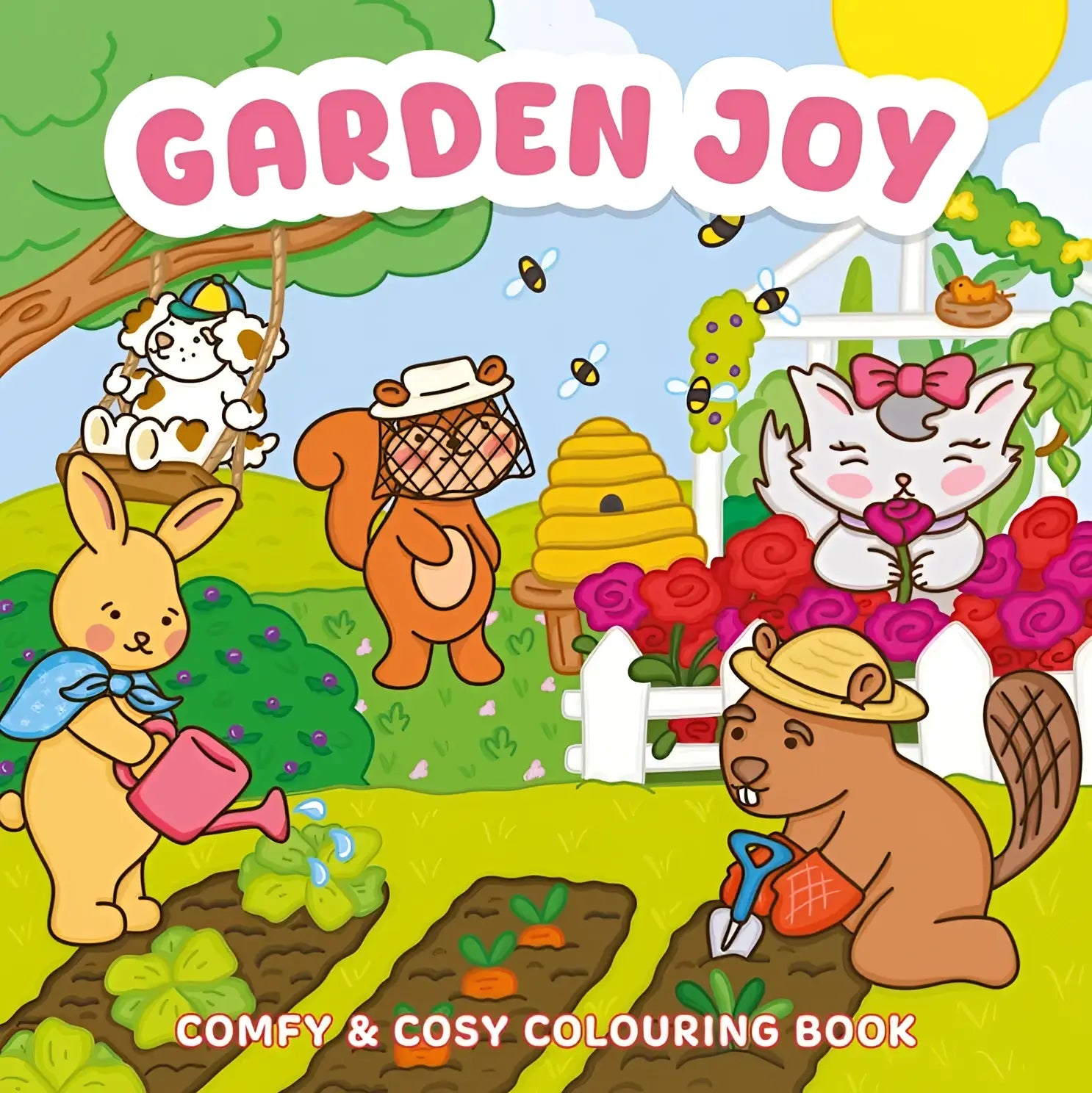 Garden joy kleurboek met cartoon dieren die tuinieren in een kleurrijke cozy colouring tuin scène