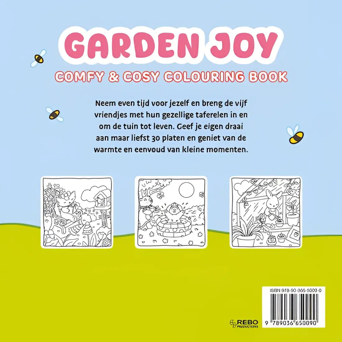 Garden joy kleurboek met roze en witte titel en drie zwart-wit kawaii illustraties op lichtblauwe achtergrond in cozy colouring book