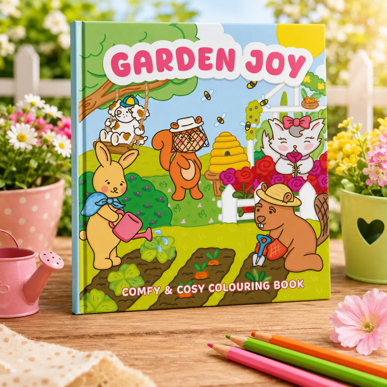 A vibrant green and blue garden joy kleurboek featuring kawaii illustraties of cartoon animals gardening cozy colouring book design