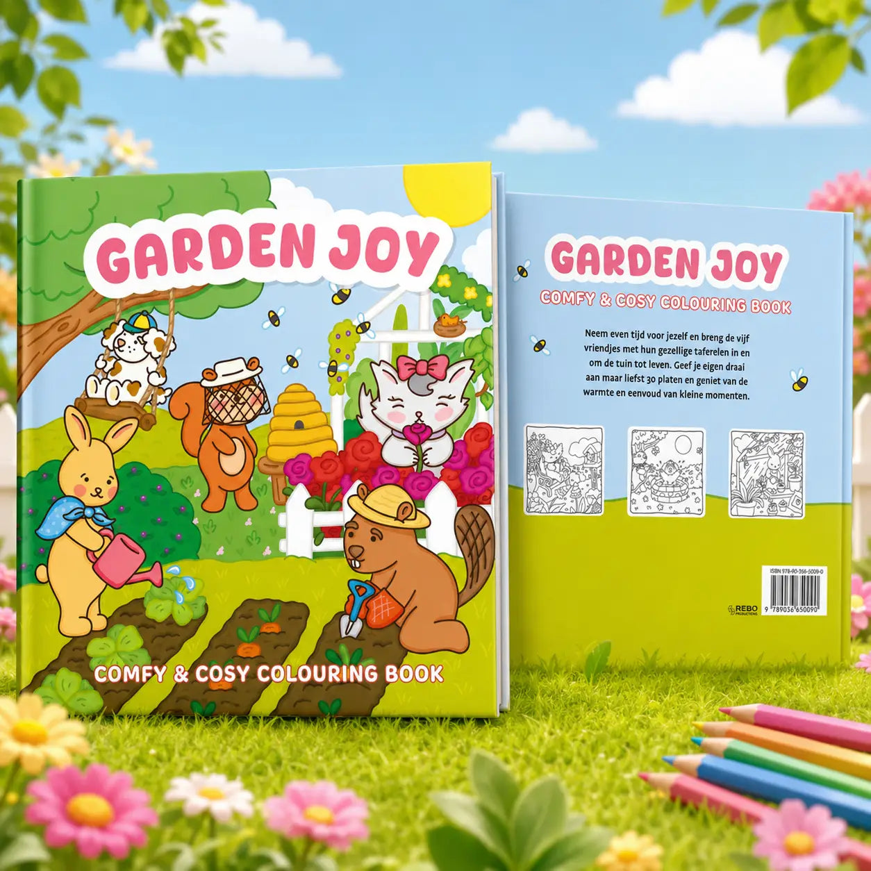 Garden joy kleurboek met kawaii illustraties van cartoon dieren tuinieren in een zonnige tuin voor een cozy colouring book