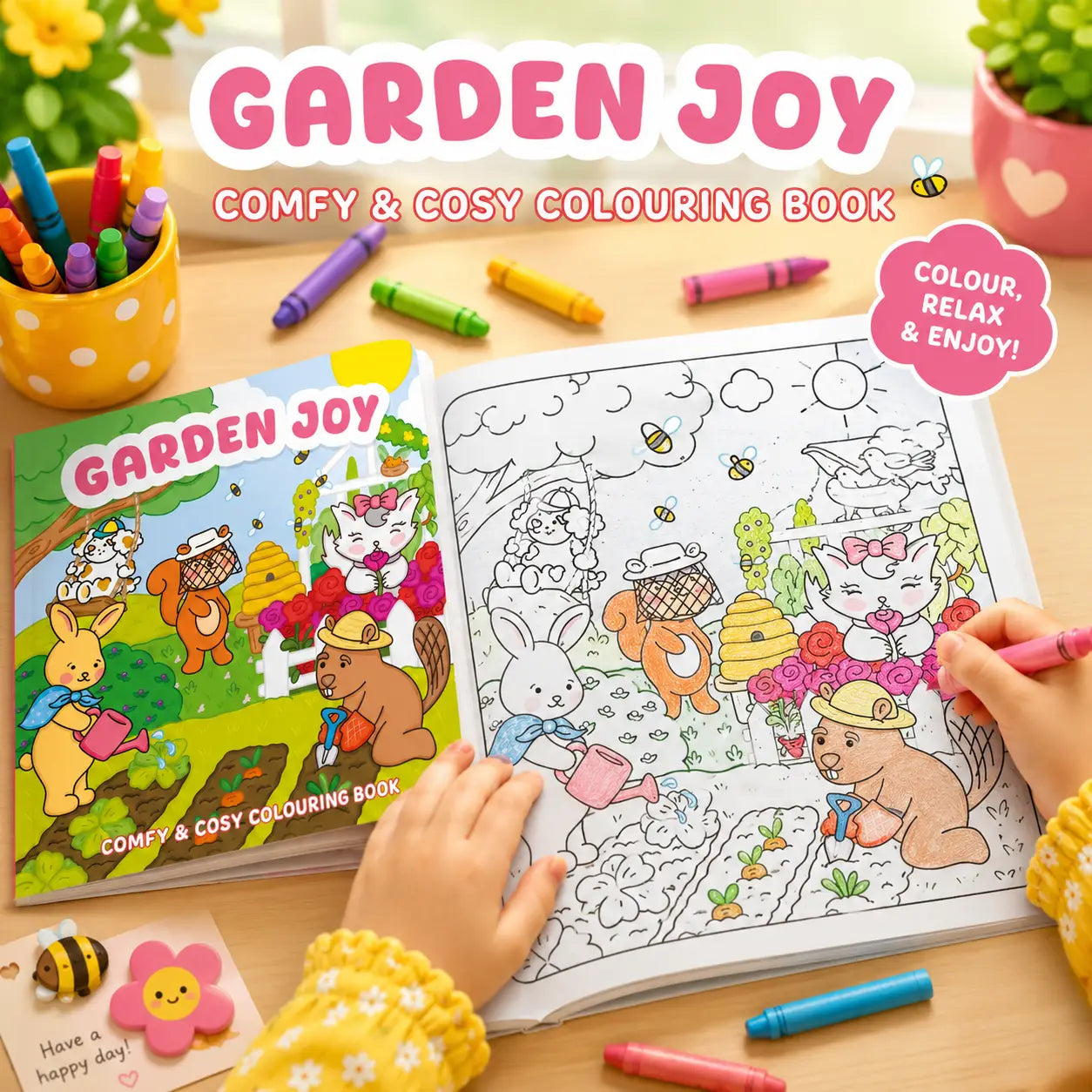 Garden joy kleurboek met kawaii illustraties van schattige dieren in een tuin, ideaal als cozy colouring book met waskrijtjes