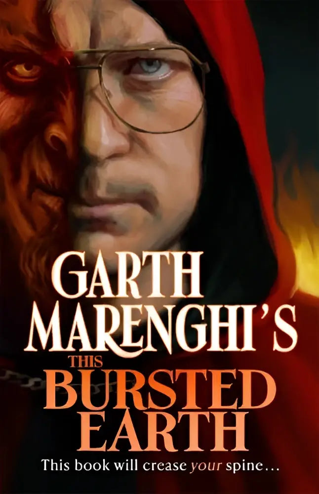 De boekomslag van this bursted earth toont een man met bril en rode capuchon tegen vurige oranje en donkere tinten