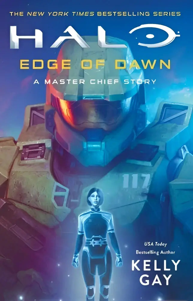 De cover van halo edge of dawn door gay k toont een blauw gouden bepantserde figuur met een rood gloeiende vizier