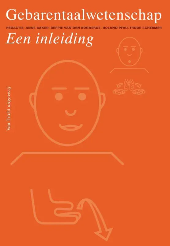 Oranje boekomslag van gebarentaalwetenschap met minimalistische witte lijntekeningen van gezicht, hersenen en handgebaren gericht op cultuur algemeen