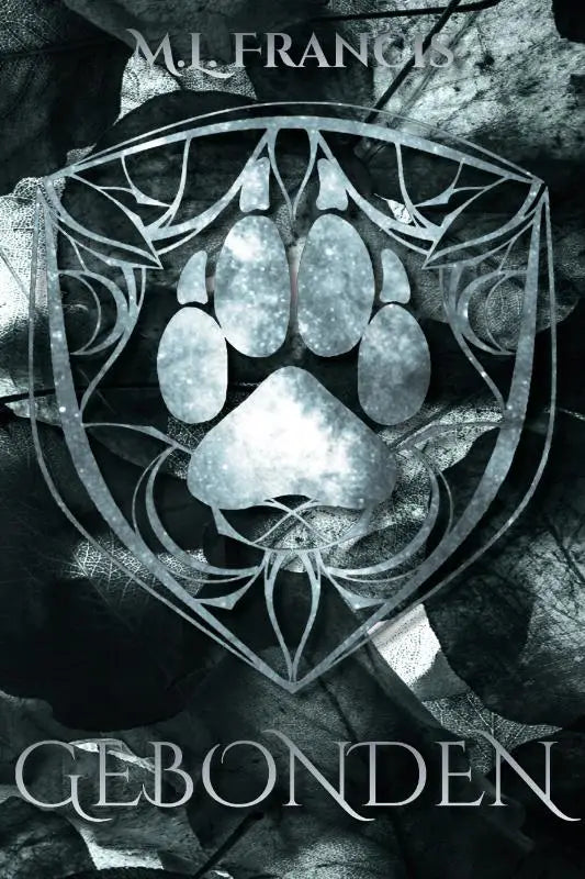Zilveren metalen pootafdrukembleem in een sierlijk schildvormig frame met blad- en rankmotief uit de moonclaw series gebonden