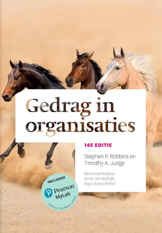 Boekcover van gedrag in organisaties met drie paarden in beweging tegen een zandkleurige achtergrond pearson benelux hoger onderwijs