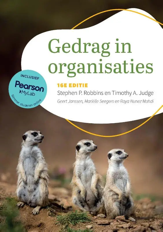 De omslag van het boek Gedrag in organisaties toont een zachtgefocusseerde foto van drie rechtopstaande stokstaartjes op droge aarde