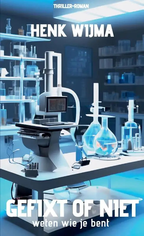 Het boek cover van Gefixt of niet - weten wie je bent toont een futuristisch laboratorium met gloeiend blauw glaswerk