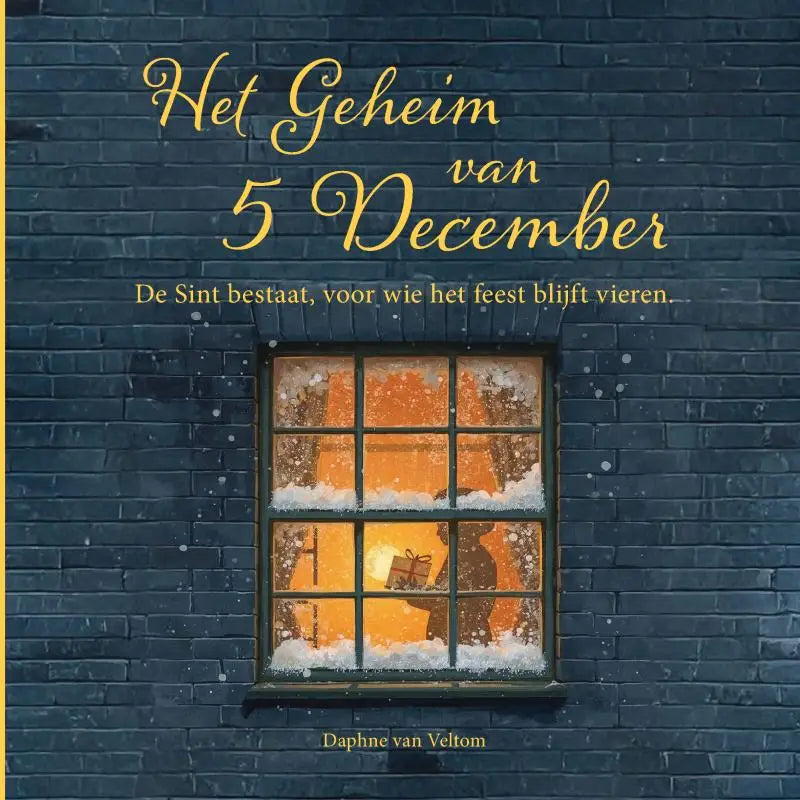 Het boek cover van het geheim van 5 december toont goudkleurige titel op donkerblauwe bakstenen muur met sint bestaat thema