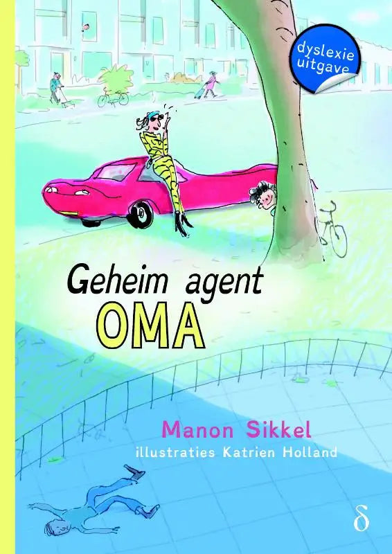 De cover van geheim agent oma toont een felroze klassieke auto met chromen details geparkeerd onder een boom