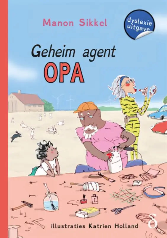 De boekcover van geheim agent opa toont een kleurrijke illustratie van een bejaarde man in roze pyjama en oranje muts