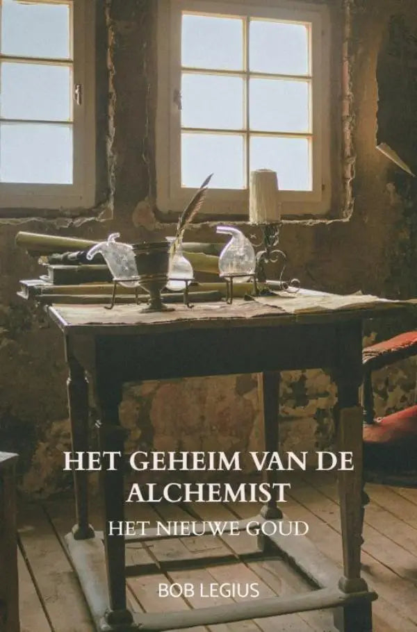Het boek het geheim van de alchemist door bob legius ligt op een rustiek houten bureau met vintage schrijfgereedschap en zonlicht, focus op nieuwe goud