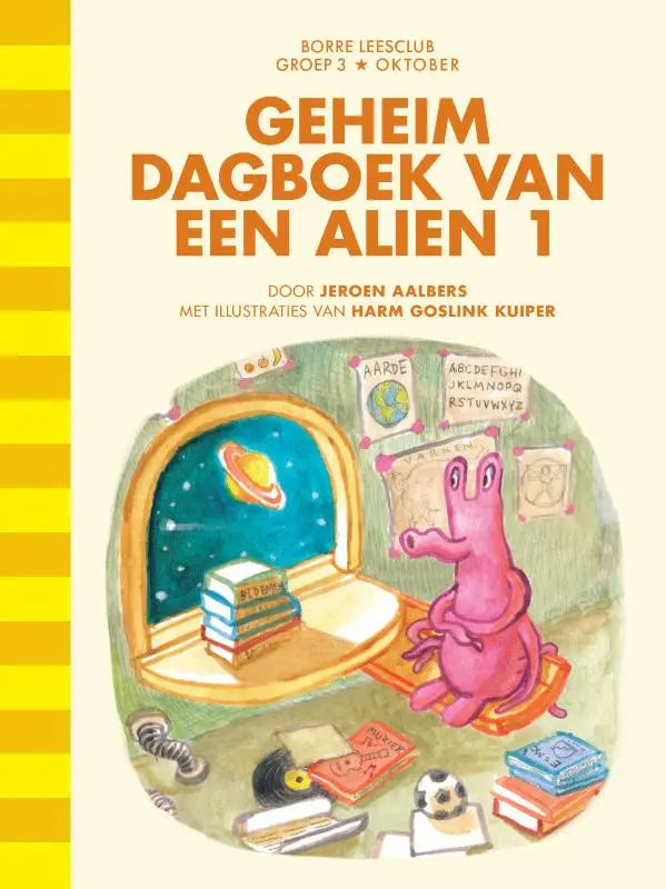 Roze alien personage met lange oren zittend op oranje stoel voor raam met ruimte in geheim dagboek voor jonge lezers borre leesclub