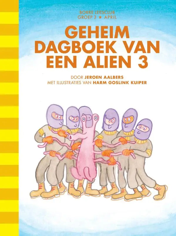 Een roze, veelarmige alien staat centraal tussen zes grijsgeklede aliens met paarse helmen in geheim dagboek van een alien 3, geschikt voor jonge lezers en borre leesclub