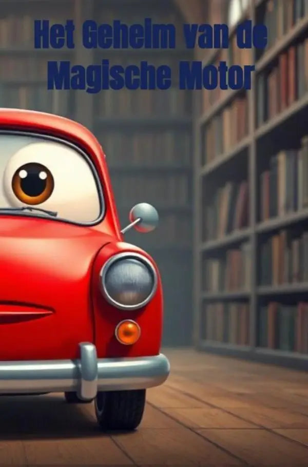 Een rode cartoonauto met grote expressieve ogen en een zilveren bumper uit het boek het geheim van de magische motor voor jonge lezers