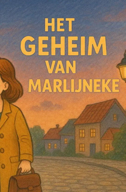De cover van het kinderboek het geheim van marlijneke toont een vrouw in mosterdgele jas met leren aktetas voor gezellige huizen, ideaal voor jonge lezers