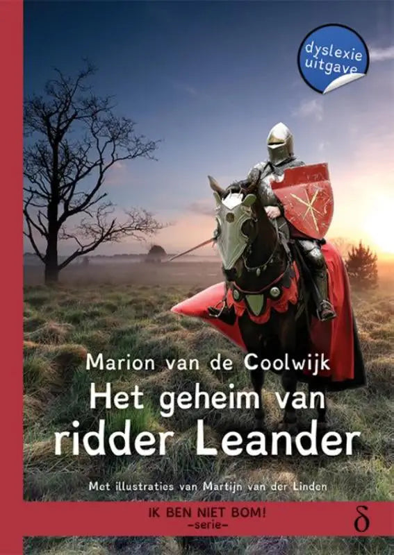 Het boek cover van ridder leander toont een knapzak in metalen harnas te paard met schild en gouden kruis