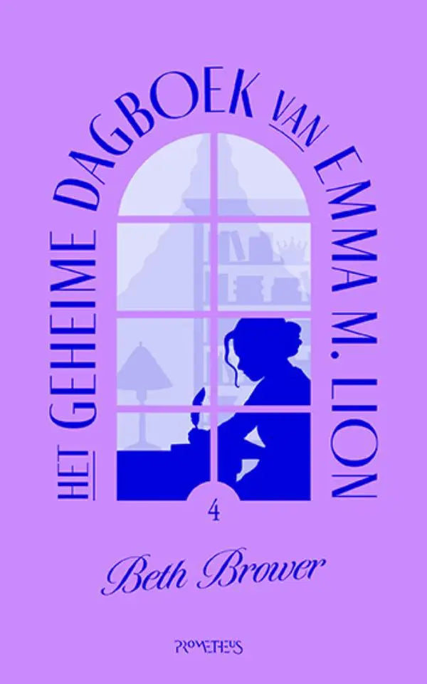 Paarse boekomslag van het geheime dagboek van emma m met blauwe silhouet van een meisje bij een raam met boeken en kaars