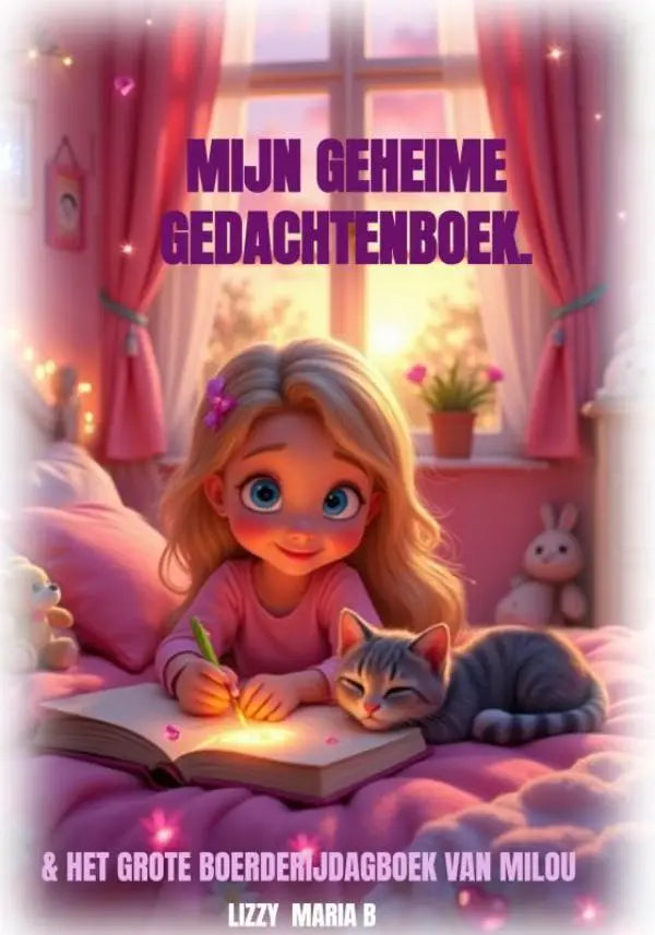 Roze geheime gedachtenboek met gloeiende pagina’s en jonge lezeres schrijvend naast slapende kat van grote boerderijdagboek