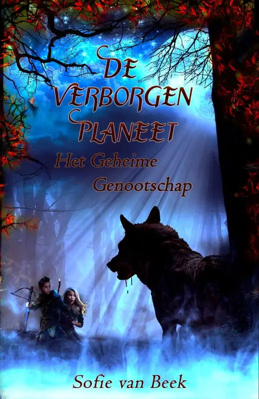De boekcover van het geheime genootschap toont een donkere wolf in mistig blauw licht tegen herfstbomen met rode bladeren