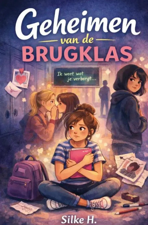 Paarse rugzak met meerdere vakken en voorritseltje naast een meisje zittend kleermakerszit uit de serie geheimen van de brugklas voor jonge lezers