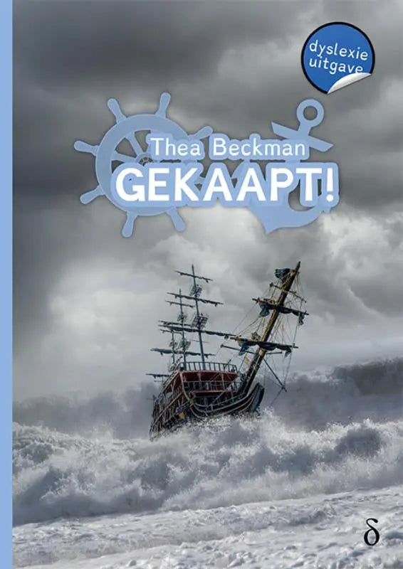Boekcover van thea beckman’s gekaapt met dramatische illustratie van donkerrode piratenschip en stormachtige zeeën