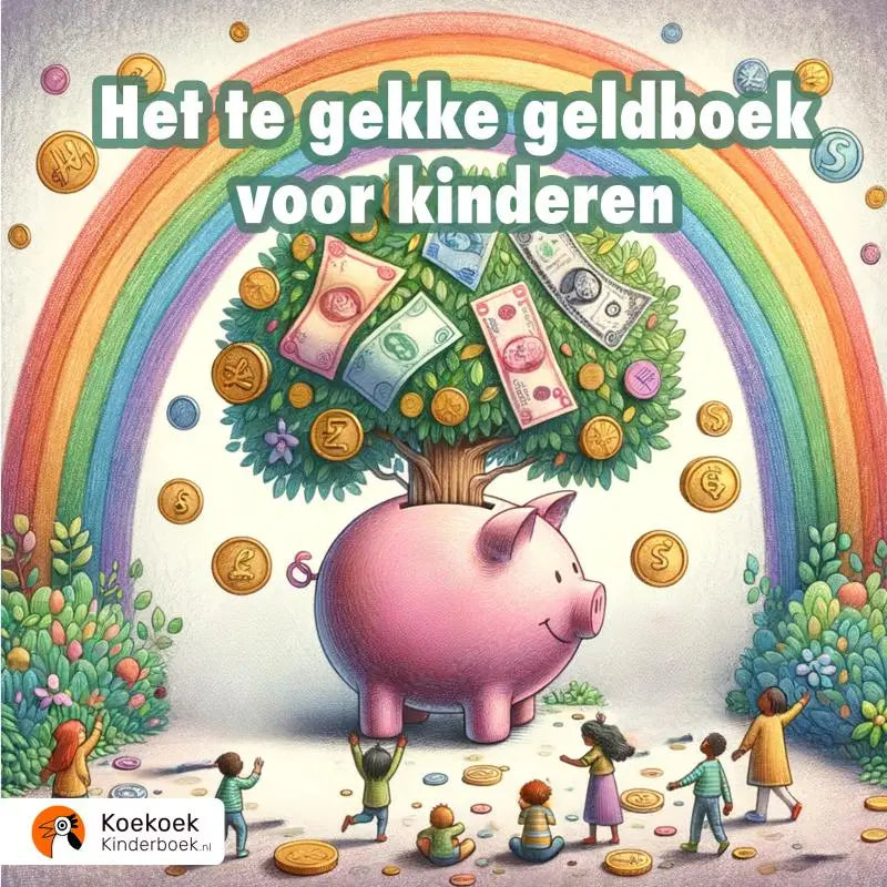 Roze spaarvarken met geldboom van kleurrijke biljetten en munten in het gekke geldboek voor kinderen geld eenvoudig leuk uitgelegd