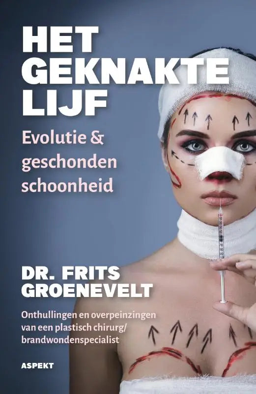 Vrouw met een geknakte lijf in chirurgische muts en verband, houdend een injectiespuit bij haar neus plastisch chirurg onthullingen