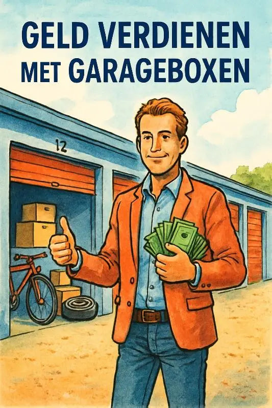 Een man in een feloranje blazer verdient geld met garageboxen naast een open opslagruimte als verborgen schat