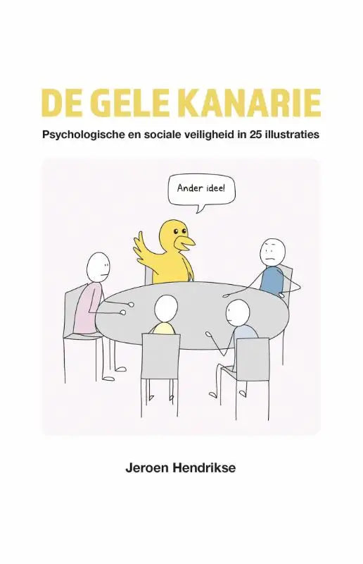 Gele kanarie met een spreuk ander idee zit aan een ovale tafel met stickfiguren illustratie voor sociale veiligheid