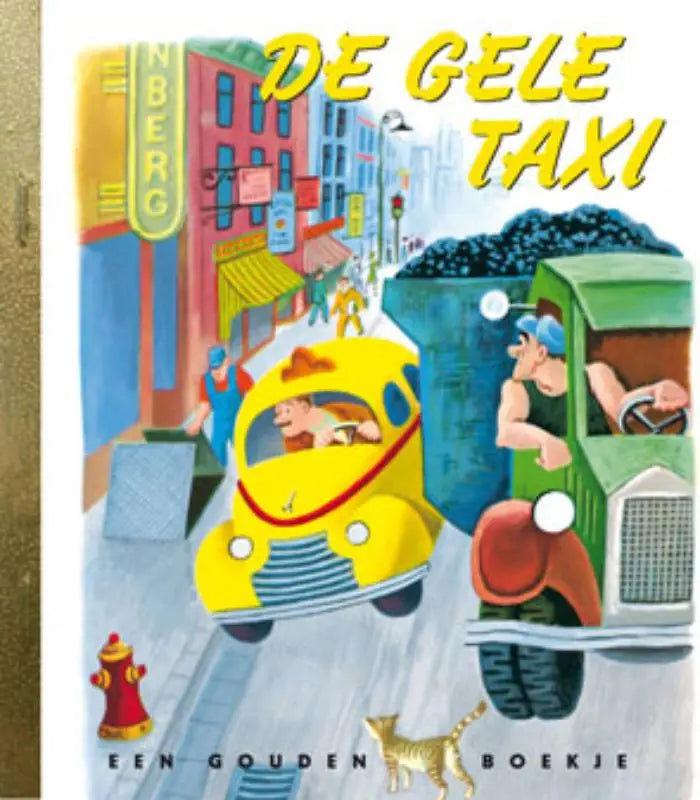 Een gele taxi in vintage stijl met rode streep en ronde koplampen als cartoon illustratie voor jonge lezers