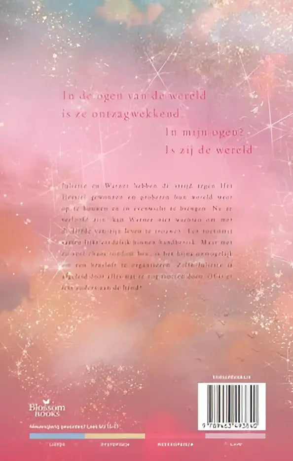 De achterkant van het boek geloof me tahereh mafi uit de touching juliette-serie met een roze en witte glitterontwerp