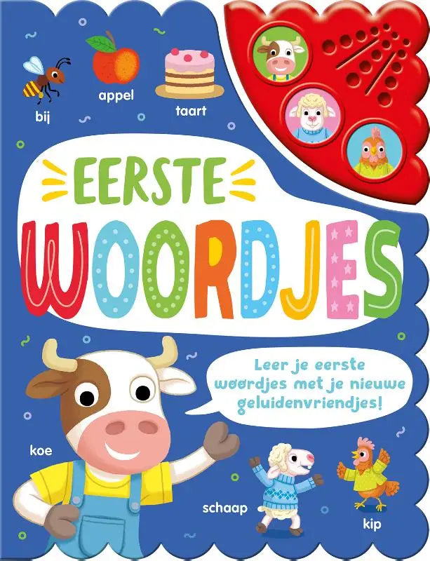 Kleurijk geluidenboek eerste woordjes met vrolijke koe in gele tuinbroek en illustraties voor jonge lezers met nieuwe geluidenvriendjes