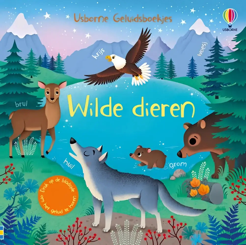 De cover van het usborne geluidsboekje wilde dieren toont een kleurrijke illustratie van wilde dieren in natuur