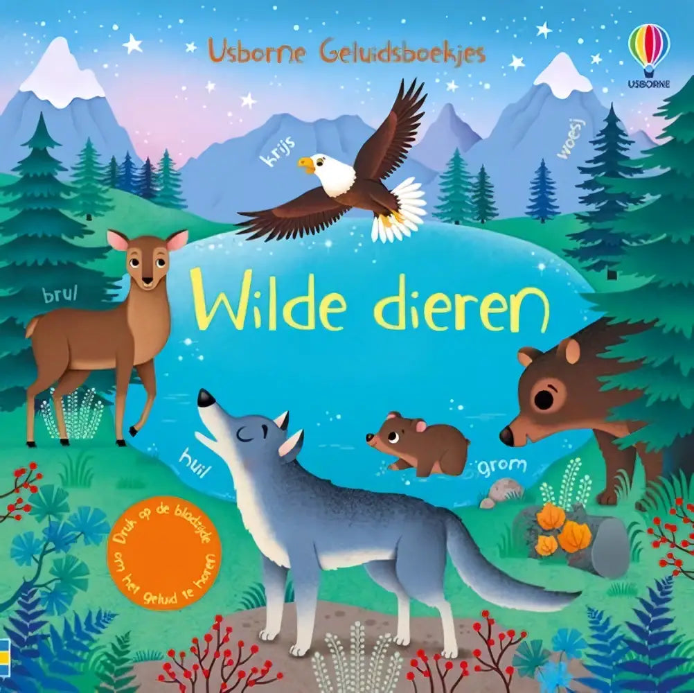 De cover van het usborne geluidsboekje wilde dieren toont een kleurrijke illustratie van wilde dieren in het bos