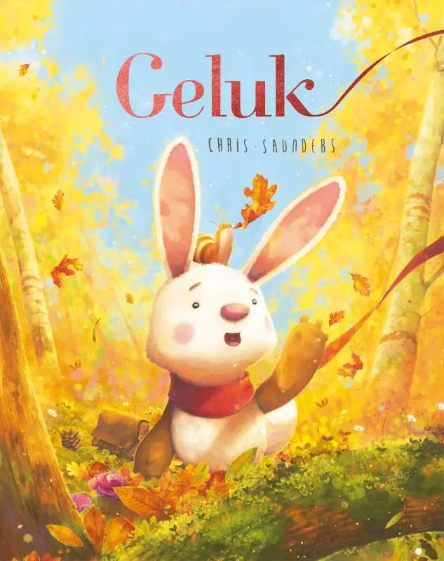Geluk product met een charmant wit konijn met roze oren en wangen en een rode sjaal in een herfstbos