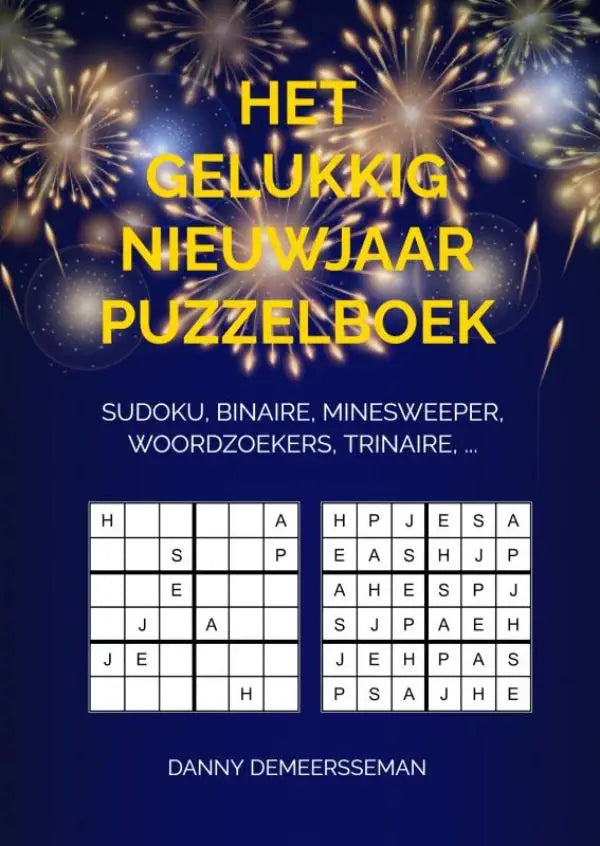 De cover van het gelukkig nieuwjaar puzzelboek toont een donkerblauwe achtergrond met gouden vuurwerk en sudoku’s