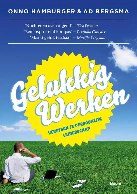Gele zonnestraalvormige logo met witte cursieve tekst gelukkig werken op boekcover van gelukkig werken versterk je persoonlijk leiderschap
