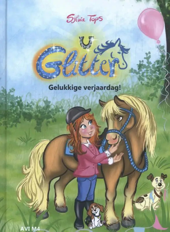 Boekcover gelukkige verjaardag met cartoon meisje in roze jas en paard voor jonge lezers van sylvia tops