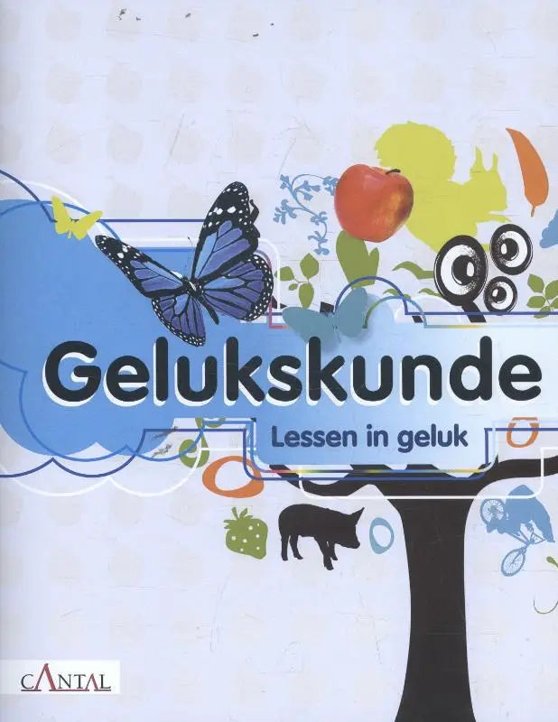 De gelukkunde boekcover toont een levendig ontwerp met een blauwe vlinder en kleurrijk fruit op licht achtergrond