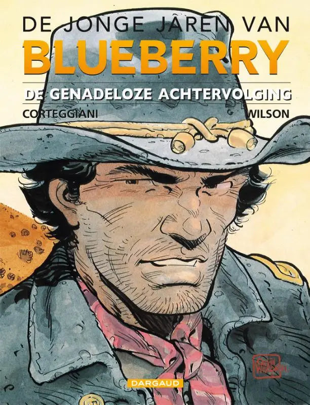 Blueberry strip cover met een ruige man in een grijze cowboyhoed en roze nekkerchief genadeloze achtervolging