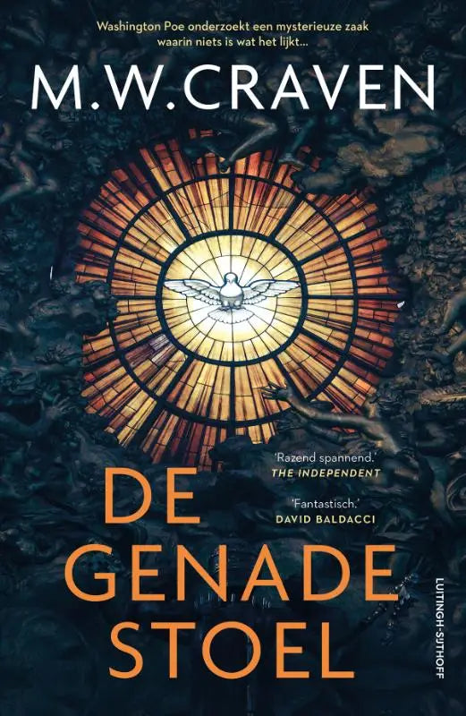 De genadestoel boekomslag met een warmte oranje en gele glas-in-loodraam en een centrale witte duif