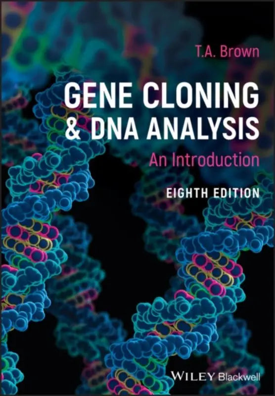 De boekcover van gene cloning and dna analysis toont een kleurrijke dna-dubbelhelix in blauw en roze tinten op donkere achtergrond