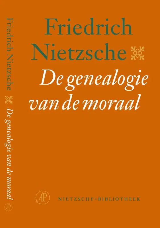 Oranje hardcover boek de genealogie van de moraal van friedrich nietzsche met groene en witte tekst