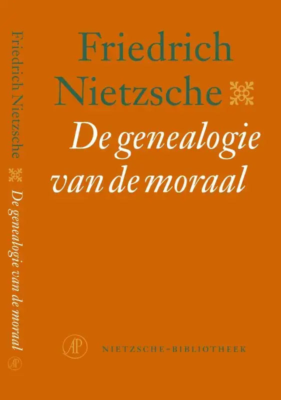 Oranje hardcover boek de genealogie van de moraal van friedrich nietzsche met groene en witte tekst