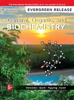 De boekcover van general organic en biochemistry 2025 toont een moleculaire structuur tegen een zonsondergangachtergrond