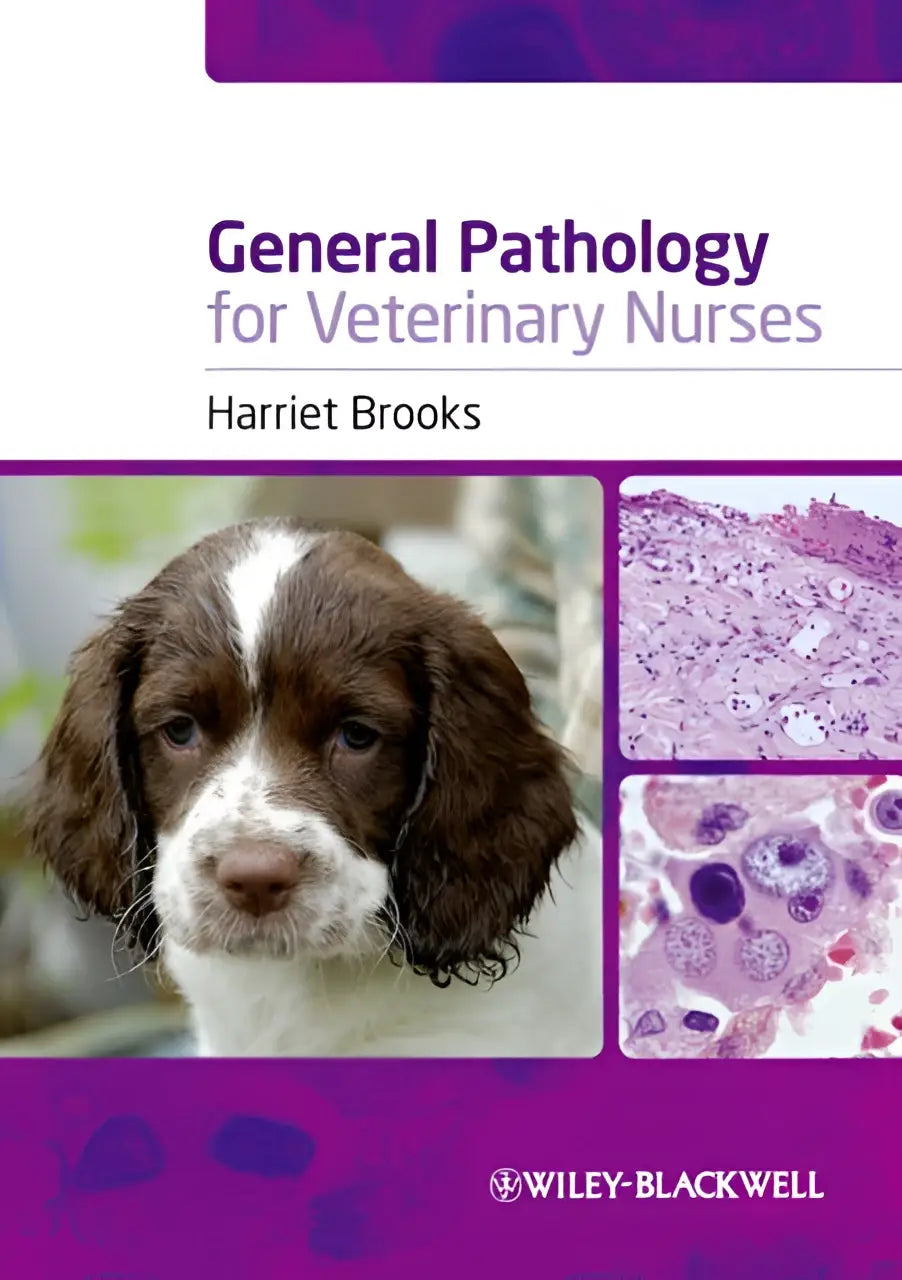 Paars-witte boekomslag voor veterinary nurses met een bruine en witte puppy en microscopische beelden voor general pathology