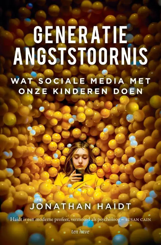 De boekcover van generatie angststoornis toont een jonge lezer met smartphone tegen een achtergrond van gele en blauwe ballen over sociale media